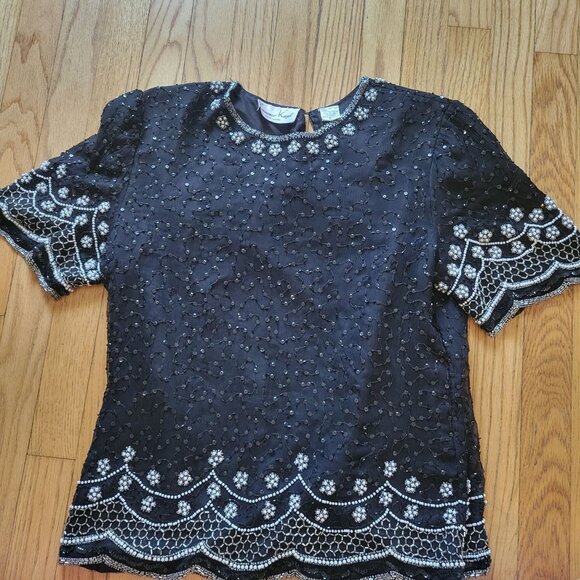 Vintage Lawrence Kazar Beaded & Sequined Black Silk Blouse With Silver Embellish - Picture 5 of 8